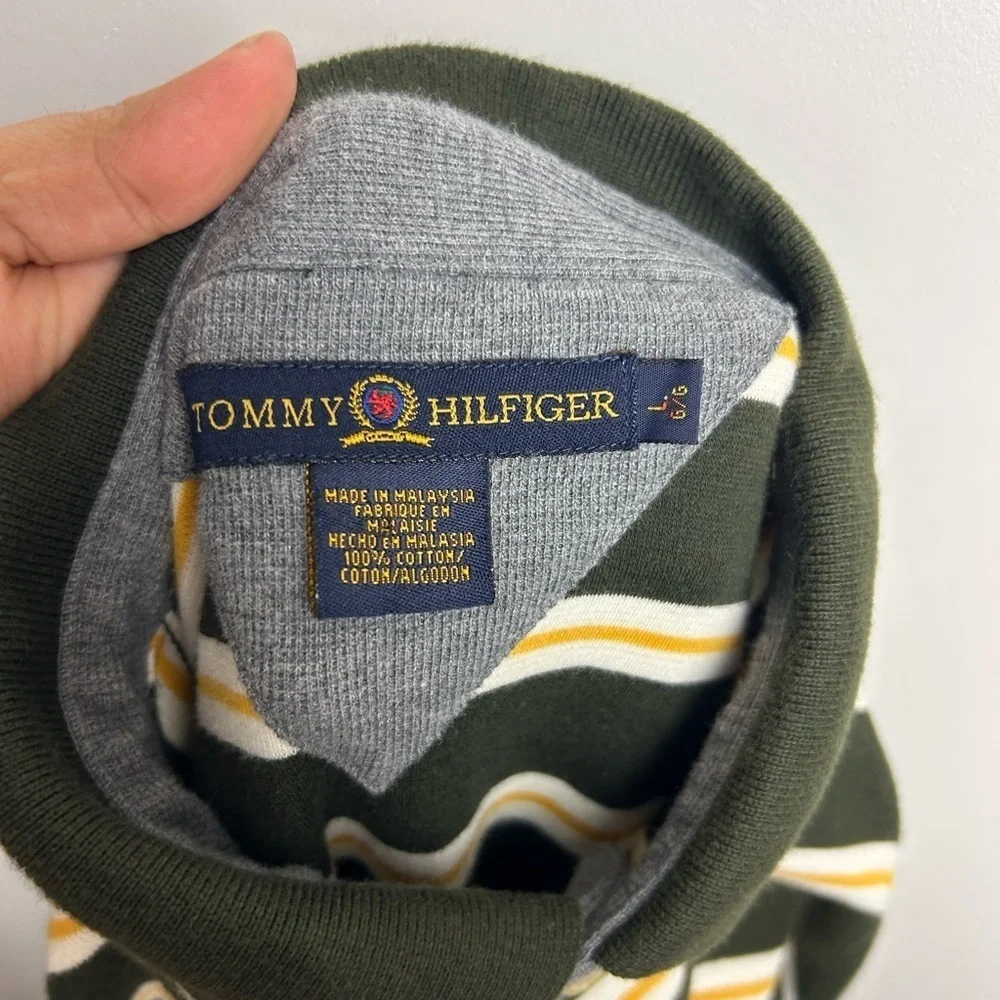 VTG Tommy Hilfiger Green Striped‎ Polo Shirt Mens Sz L Logo Thermal Equestrian